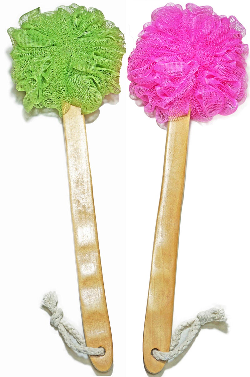 JINS-Hung Shower Loofah Body & Back Scrubber - Exfoliating Loofah luffa loofa Bath Brush On a Stick - with Long Wooden Handle Back Brush for Men & Women - Easy Reach Body Wash & Lotion Applicator 2-Pack - Image 1